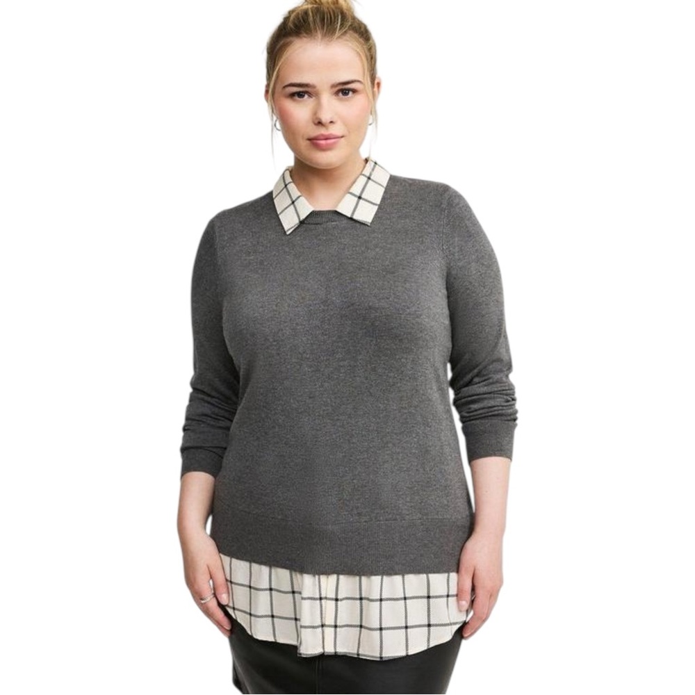 Torrid Fitted Pullover Collared 2-Fer Heathered Charcoal Plaid Sweater‎